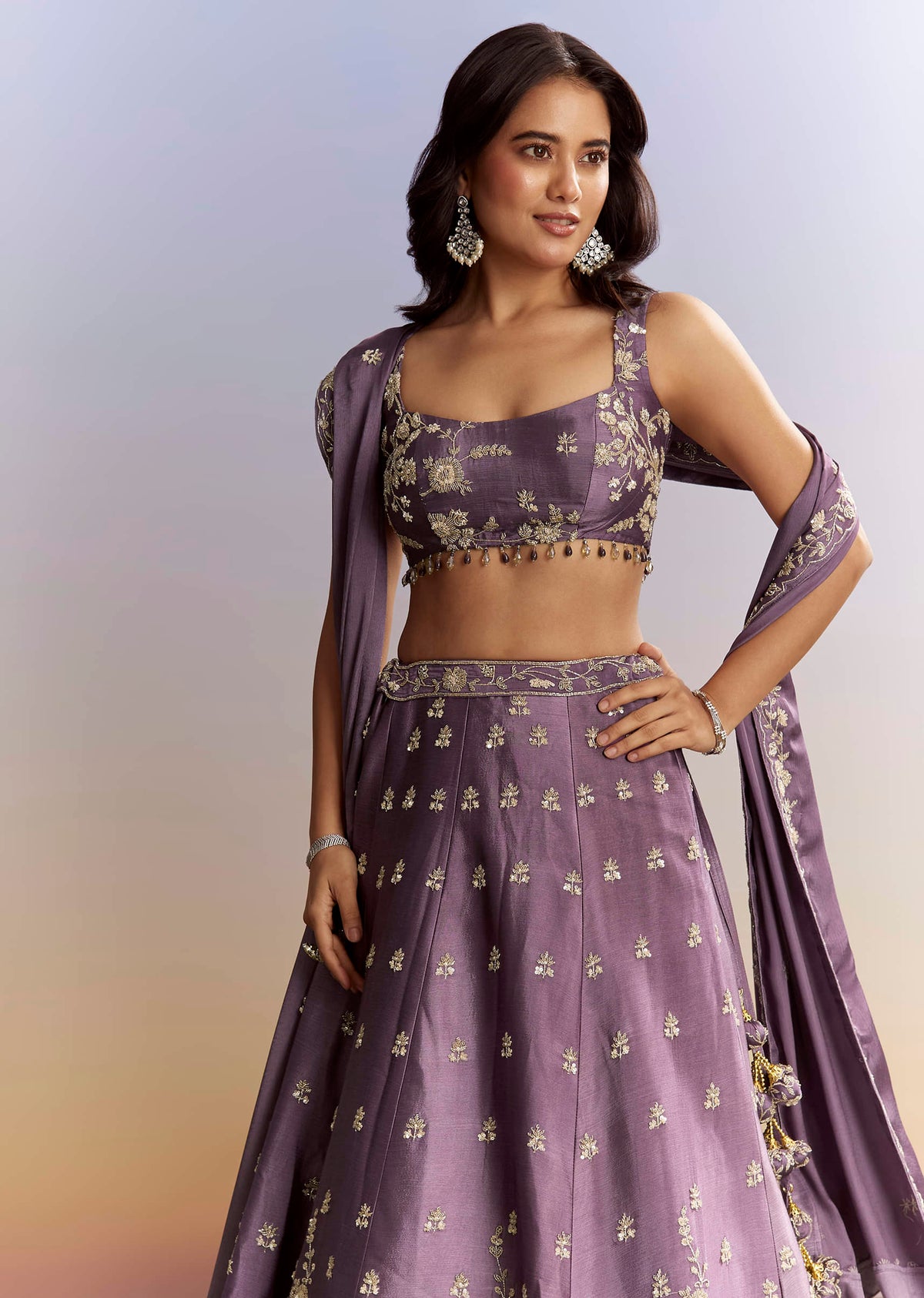 Purple Satin Bridesmaid Lehenga With Heavy Embroidery