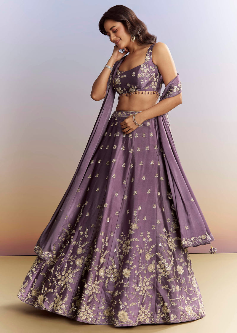 Purple Satin Bridesmaid Lehenga With Heavy Embroidery