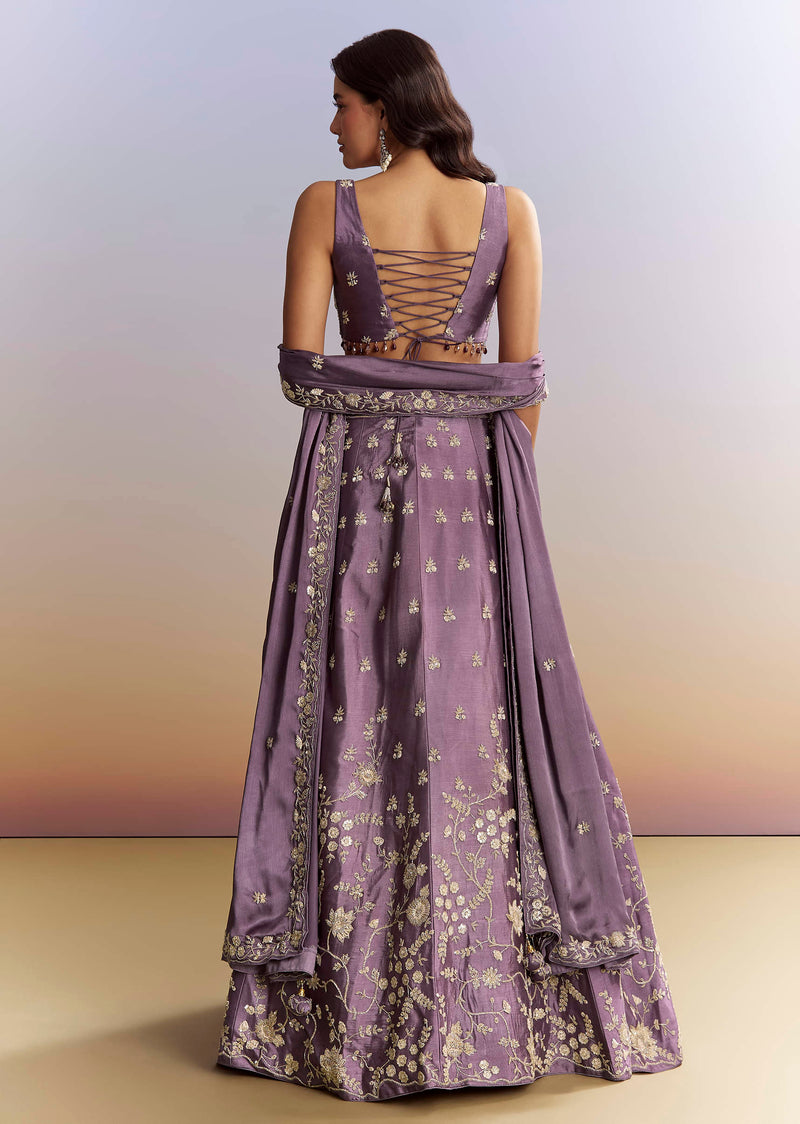 Purple Satin Bridesmaid Lehenga With Heavy Embroidery