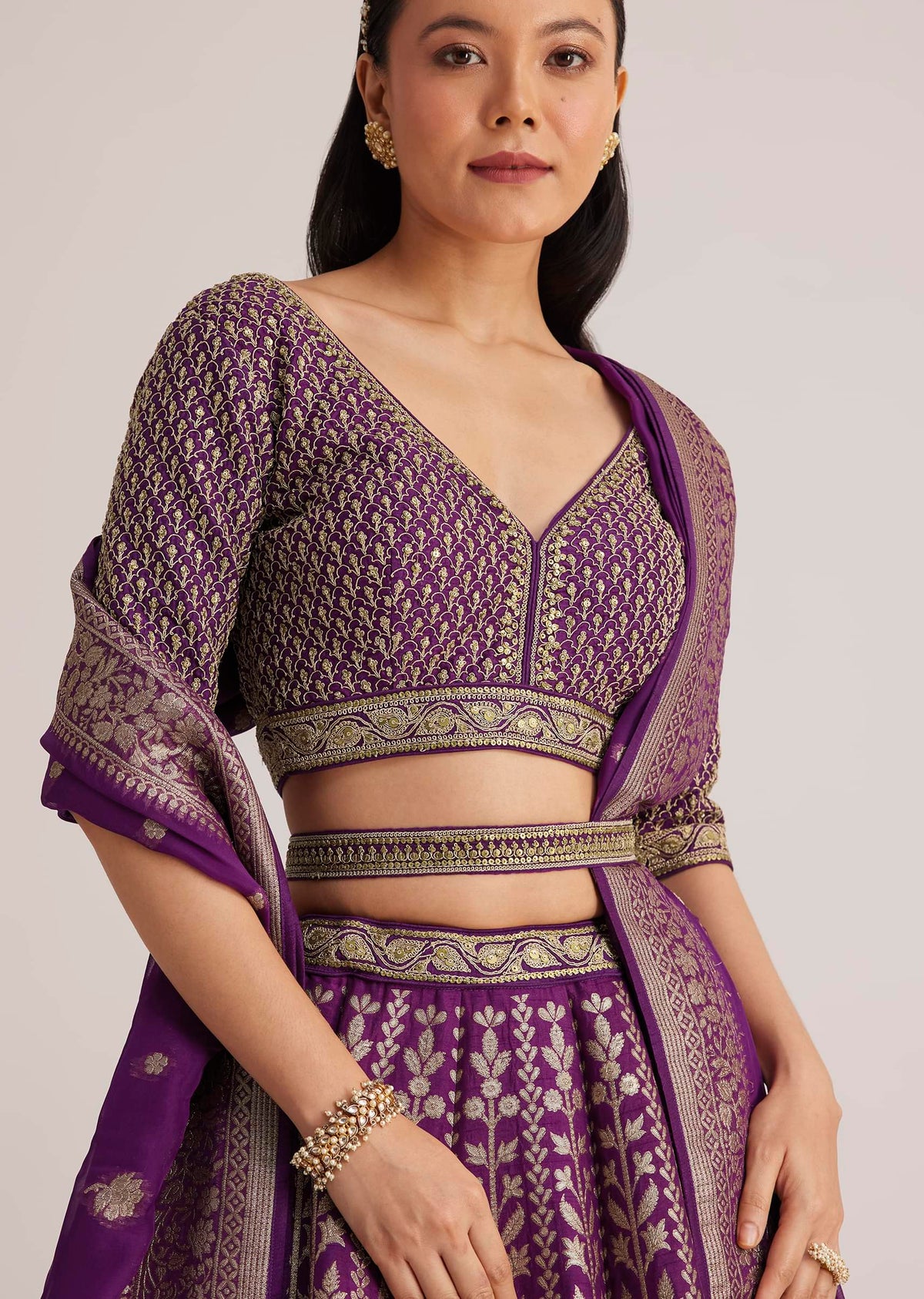 Purple Brocade Embroidered Lehenga Set
