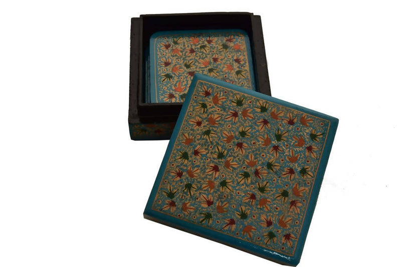 Nizalia Chinar Leaf Embossed Blue Paper Mache Square Coasters - Limited Time Offer