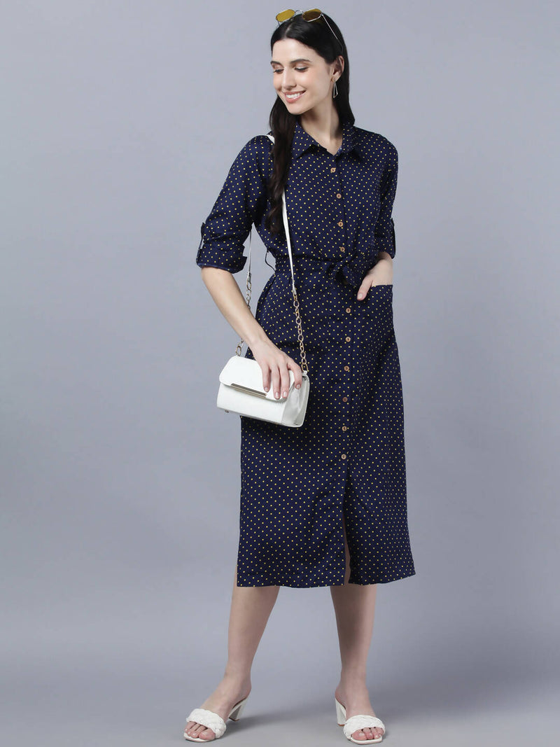 Myshka Women Navy Blue Yellow Printed Shirt Dress
