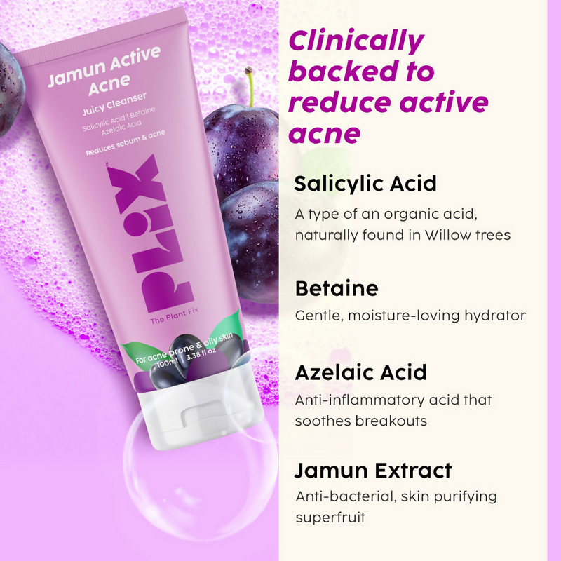 PLIX The Plant Fix Jamun Skincare With Cleanser, Body Wash & Active Acne Serum For Women & Men