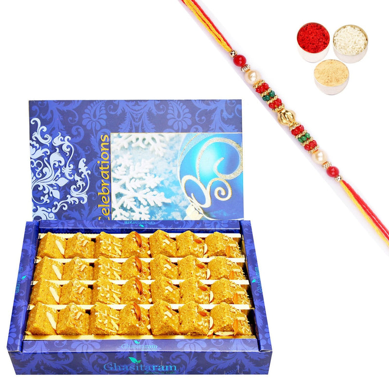 Ghasitaram Nani's Special Besan Barfi With Pearl Beads Rakhi