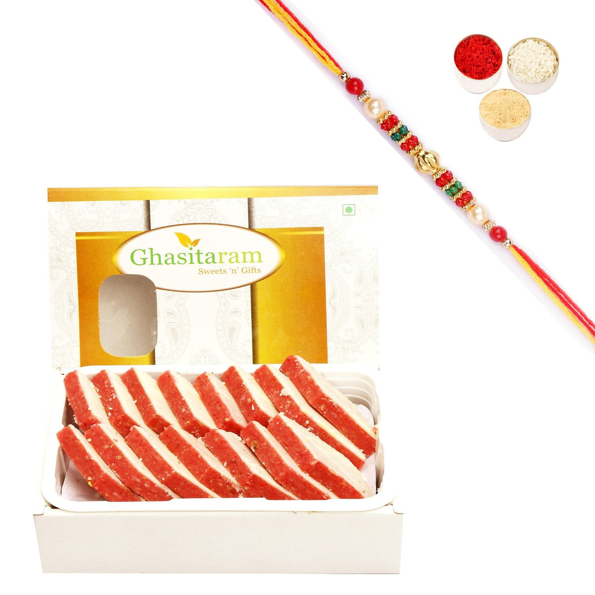 Ghasitaram Irish kaju Katli With Pearl Beads Rakhi