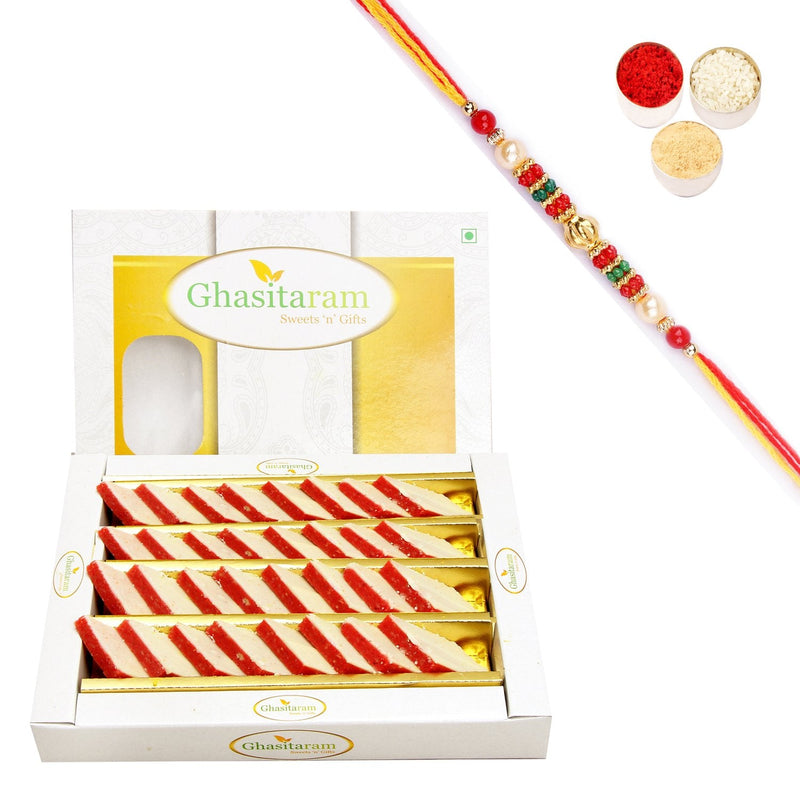 Ghasitaram Irish kaju Katli With Pearl Beads Rakhi