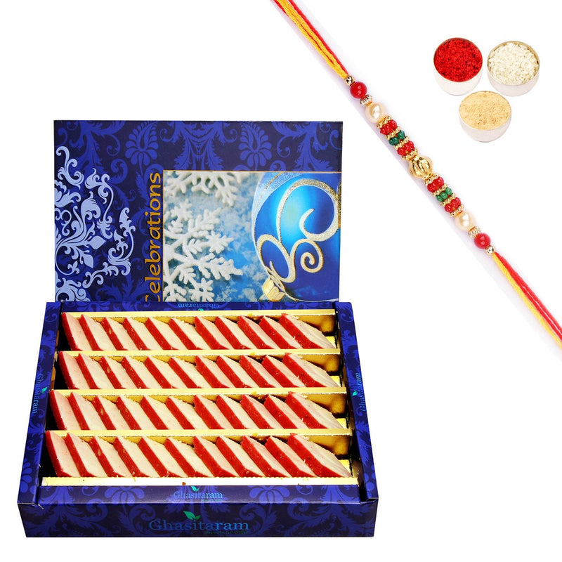 Ghasitaram Irish kaju Katli With Pearl Beads Rakhi