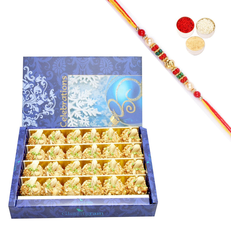 Ghasitaram Roasted Kaju Laddoo With Pearl Beads Rakhi