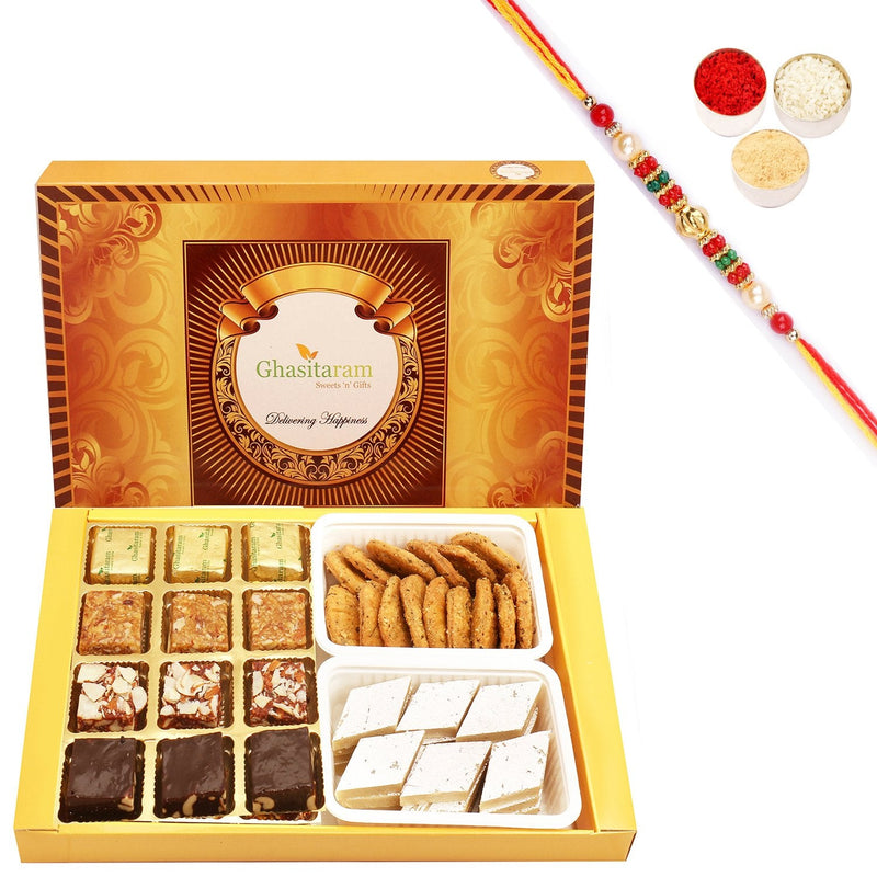 Ghasitaram Assorted Bites, Kaju Katli and Methi Mathi With Pearl Beads Rakhi