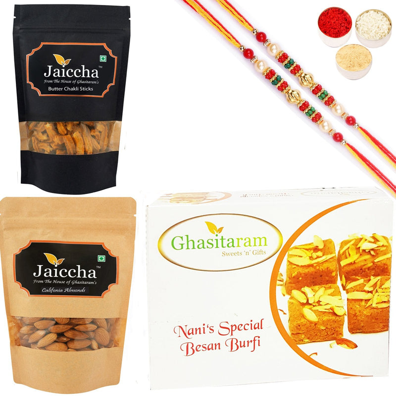 Ghasitaram Besan Barfi, Methi Mathi and Almonds With 2 Pearl Beads Rakhis