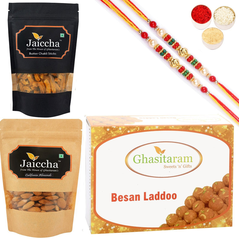 Ghasitaram Besan Laddoo, Butter Chakli Sticks and Almonds With 2 Pearl Beads Rakhis