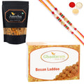 Ghasitaram Besan Laddoo and Butter Chakli Sticks With 2 Pearl Beads Rakhis