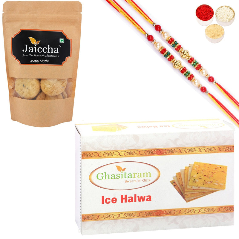 Ghasitaram Ice halwa and Methi Mathi With 2 Pearl Beads Rakhis