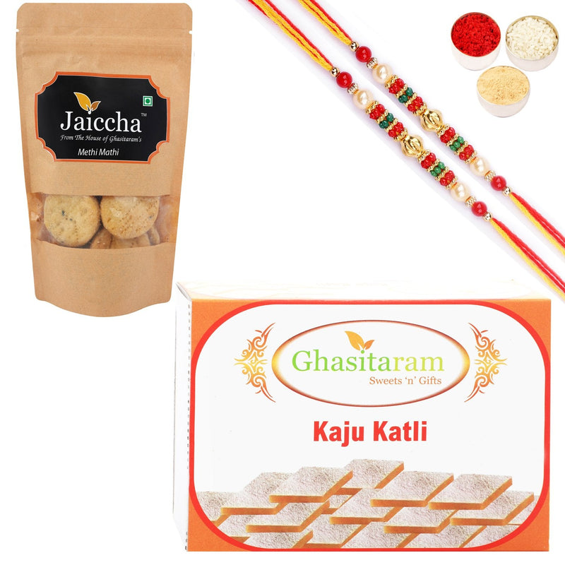 Ghasitaram Kaju Katli and Methi Mathi With 2 Pearl Beads Rakhis