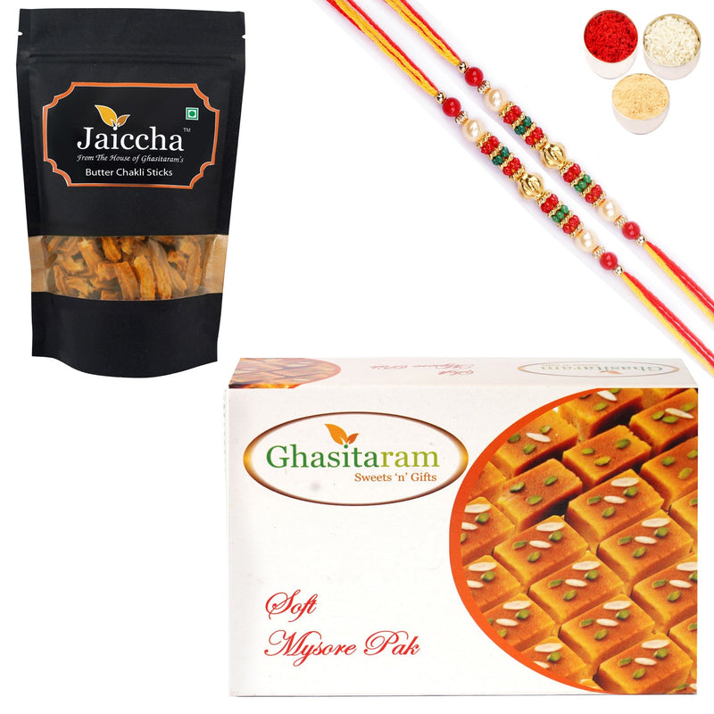 Ghasitaram Mysore Pak and Butter Chakli Sticks With 2 Pearl Beads Rakhis