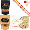Ghasitaram Soan Papdi, Butter Chakli Sticks and Almonds With 2 Pearl Beads Rakhis