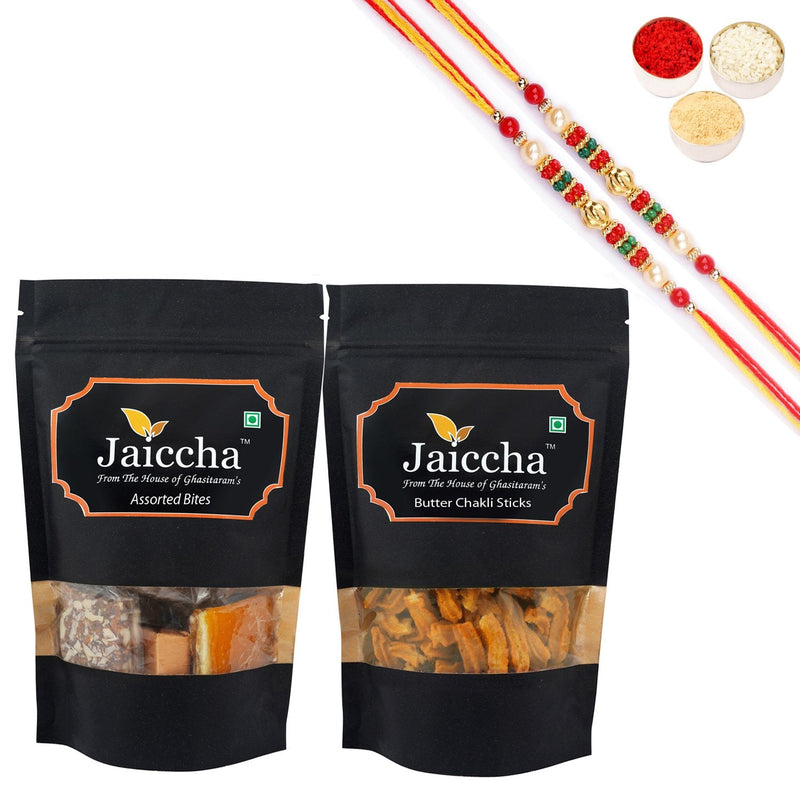 Ghasitaram Assorted Bites and Butter Chakli Sticks With 2 Pearl Beads Rakhis