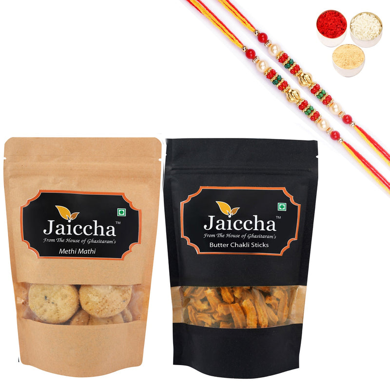 Ghasitaram Jaiccha Assorted Bites and Methi Mathi With 2 Pearl Beads Rakhis