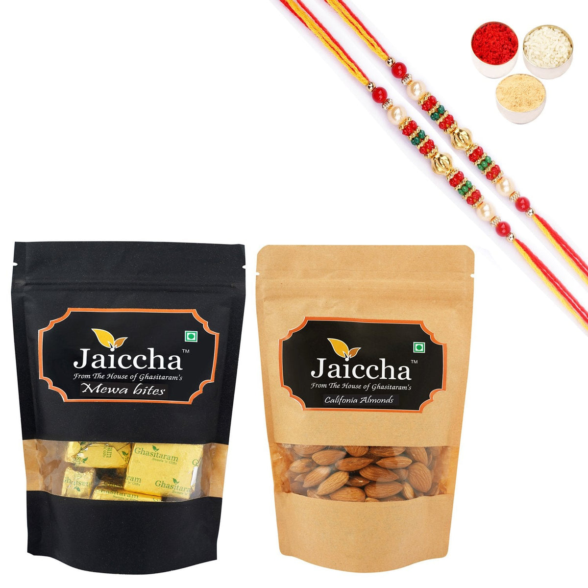 Ghasitaram Mewa Bites, Almonds With 2 Pearl Beads Rakhis