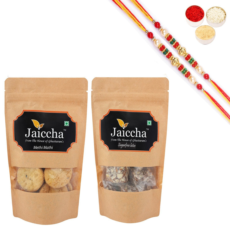 Ghasitaram Suagrfree Bites and Methi Mathi With 2 Pearl Beads Rakhis