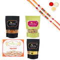 Ghasitaram Kaju Katli,Mewa Bites Pouch,Soya Sticks Pouch and Protein Cashews Pouch With Pearl Beads Rakhi