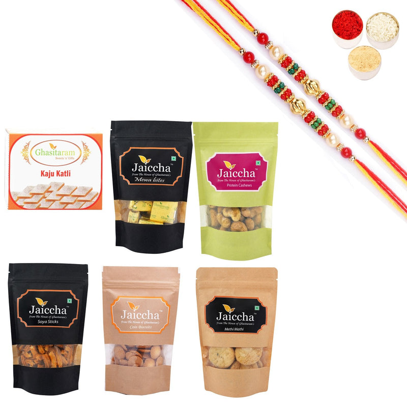 Ghasitaram Best of 6 Sweets and Snacks Combo with Pearl Beads Rakhi