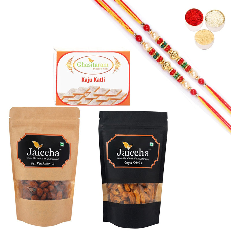Ghasitaram Kaju Katli,Soya Sticks Pouch and Peri Peri Almonds Pouch With Pearl Beads Rakhi