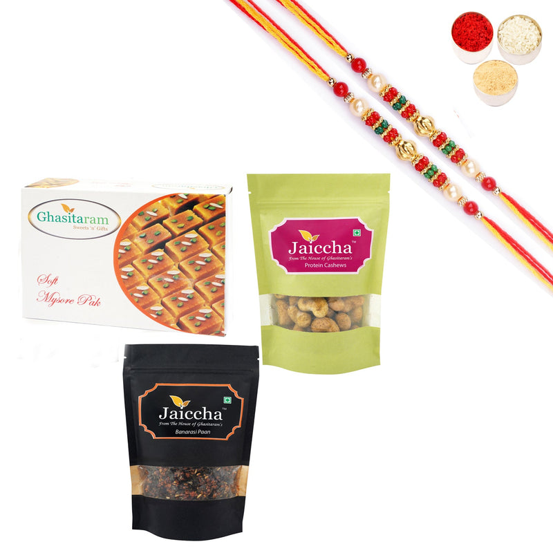 Ghasitaram Mysore Pak,Protein Cashews and Banarsi Paan With Pearl Beads Rakhi