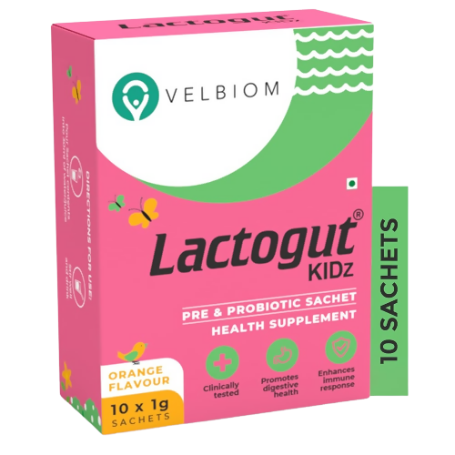 Velbiom Lactogut Kidz Probiotics Powder Sachets - Orange Flavor