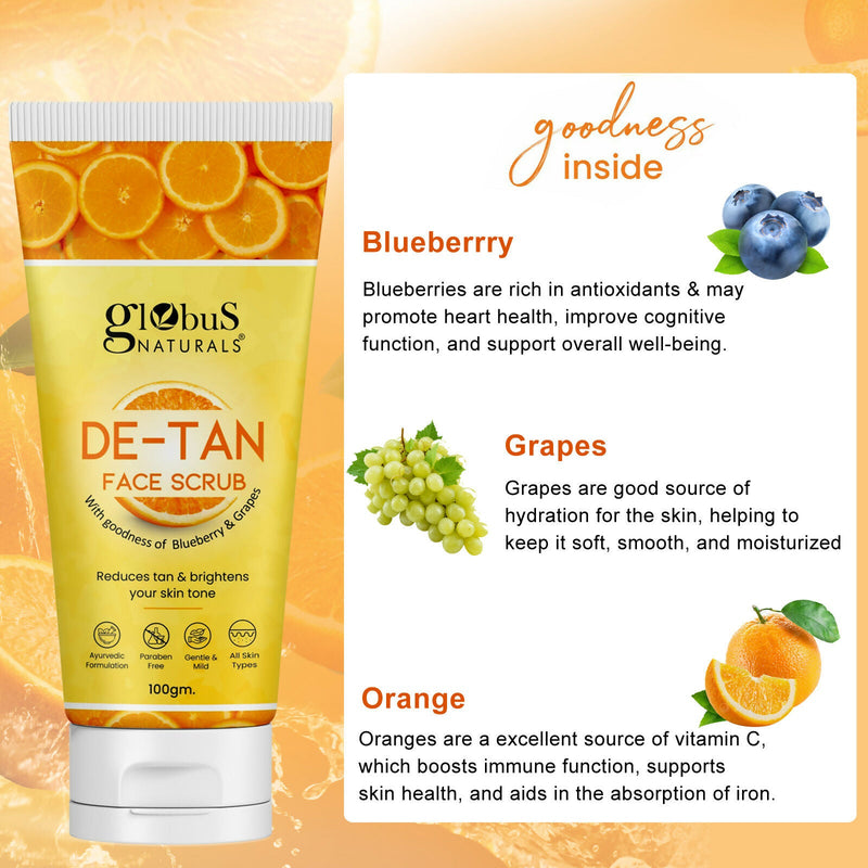 Globus Naturals De Tan Face Scrub, Suitable For All Skin Types
