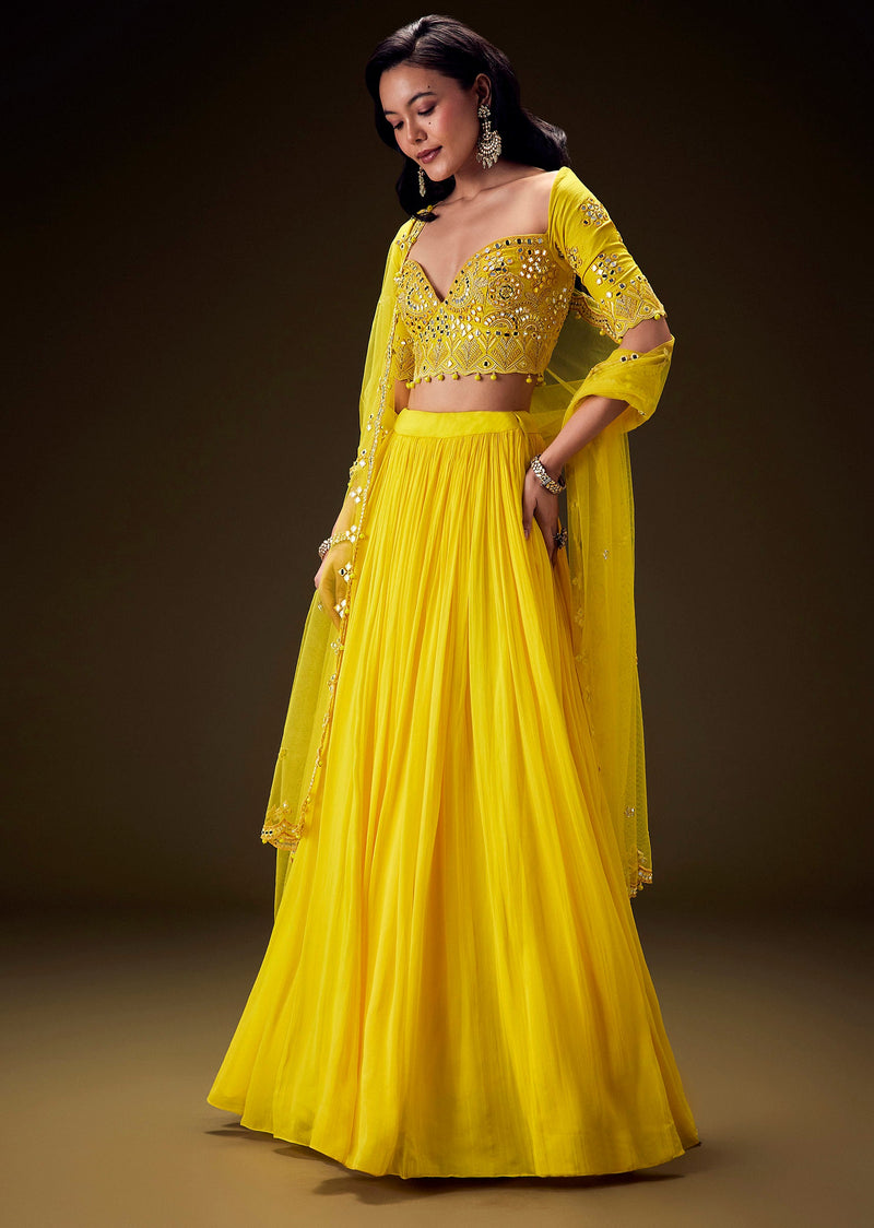 Radiant Yellow Georgette Lehenga With Mirror Work Blouse And Dupatta