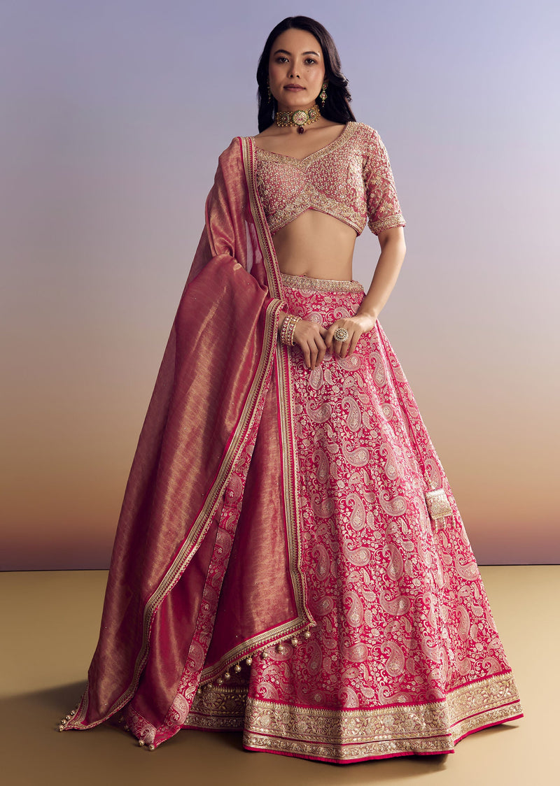 Rani Pink Banarasi Lehenga Set With Embroidered Choli