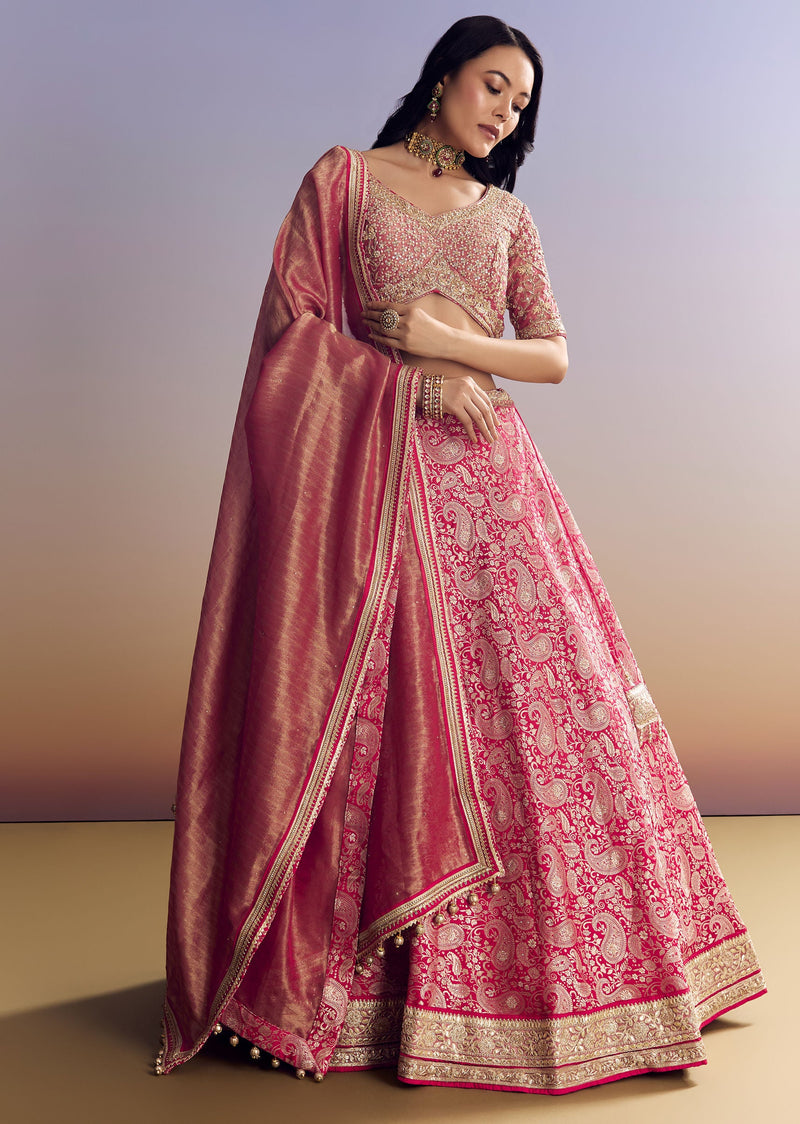 Rani Pink Banarasi Lehenga Set With Embroidered Choli