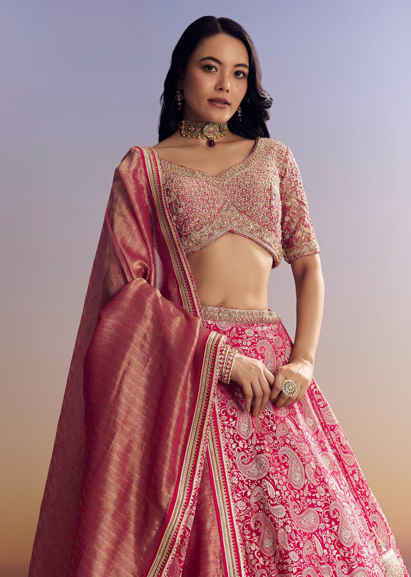 Rani Pink Banarasi Lehenga Set With Embroidered Choli