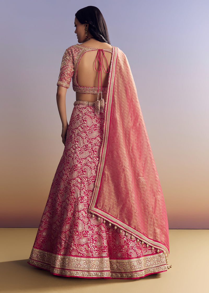 Rani Pink Banarasi Lehenga Set With Embroidered Choli