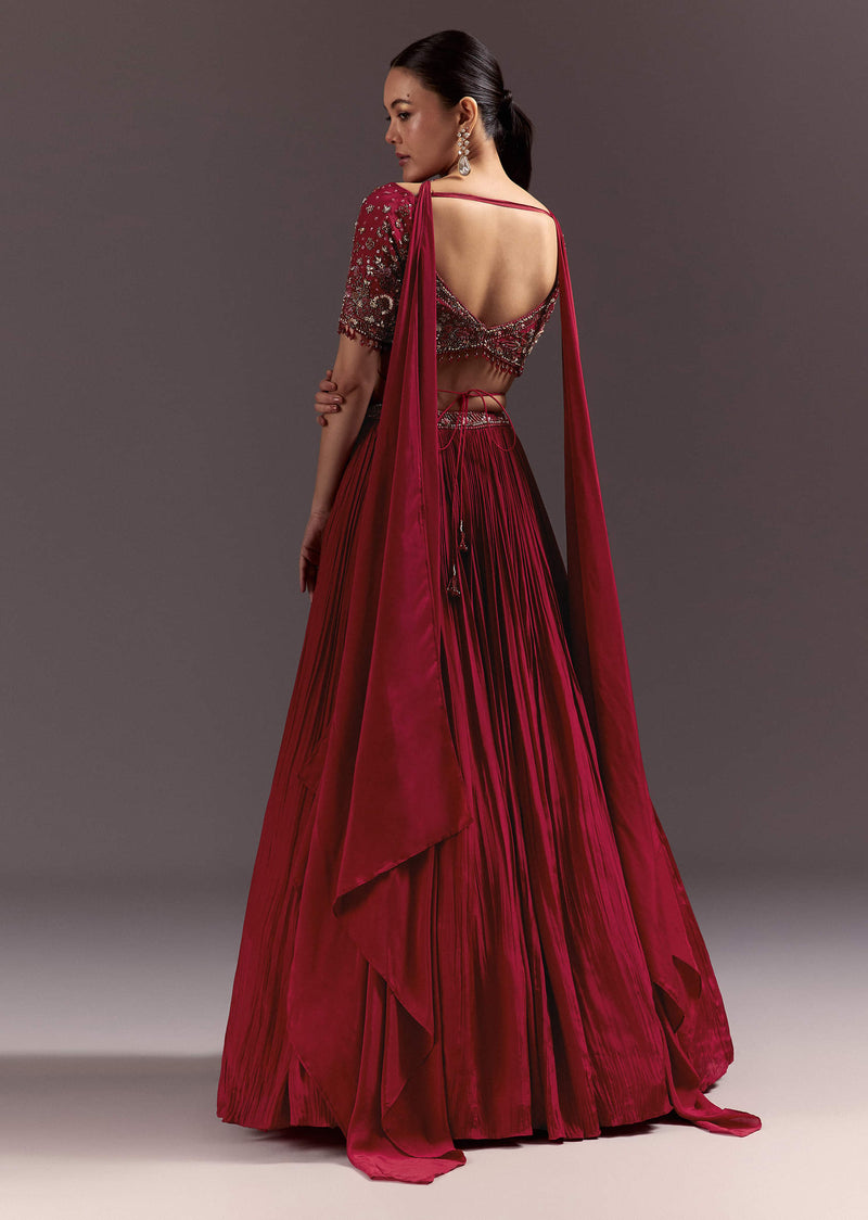 Red Crepe Hand Embroidered Lehenga Set With Dupatta