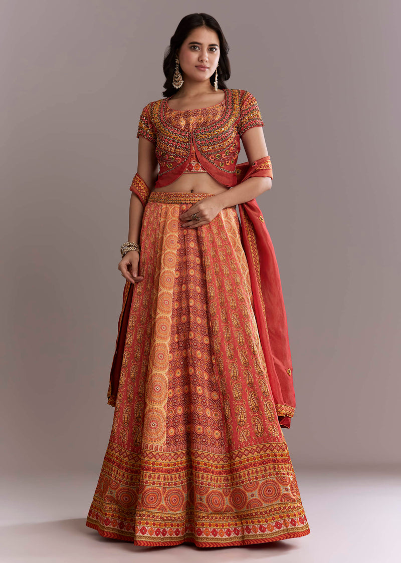 Red Crepe Printed Bridesmaid Lehenga With Intricate Hand Embroidery