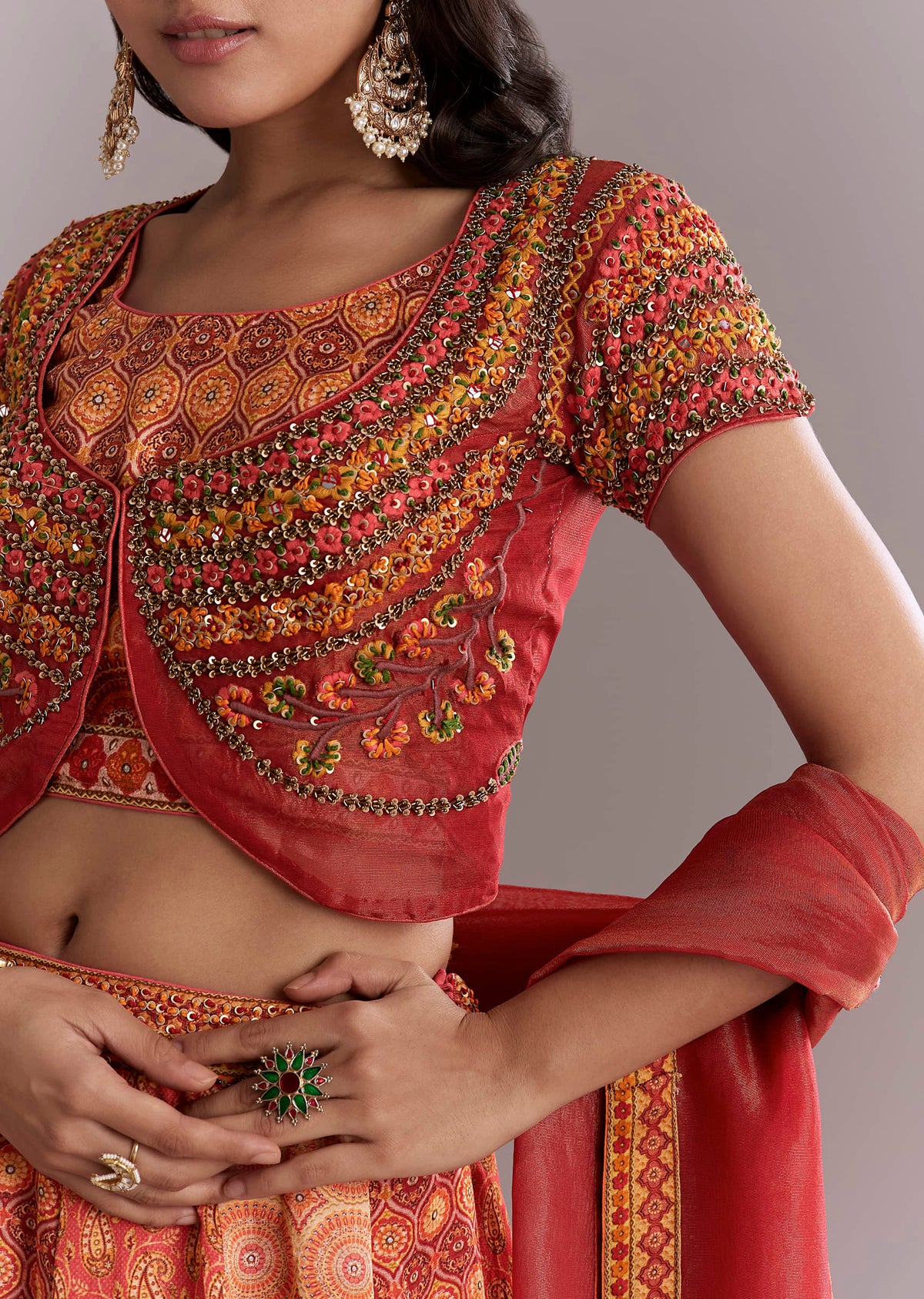Red Crepe Printed Bridesmaid Lehenga With Intricate Hand Embroidery
