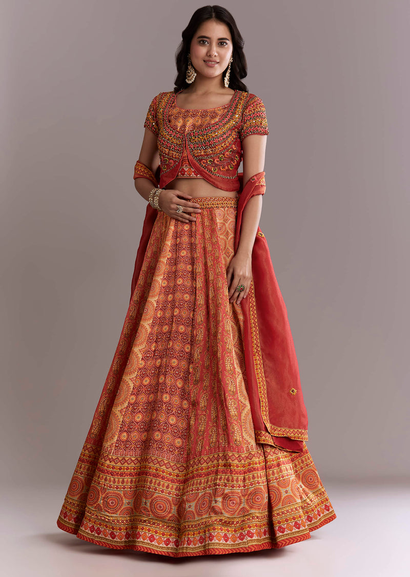 Red Crepe Printed Bridesmaid Lehenga With Intricate Hand Embroidery