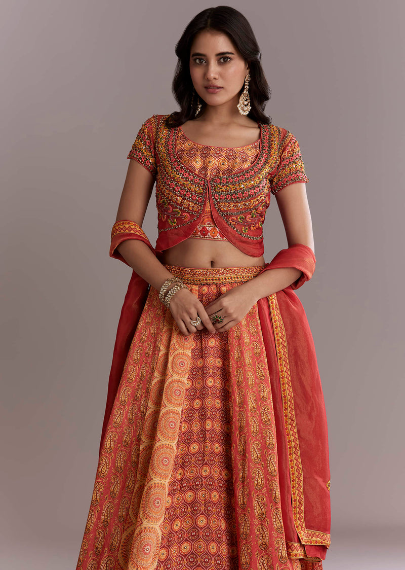 Red Crepe Printed Bridesmaid Lehenga With Intricate Hand Embroidery