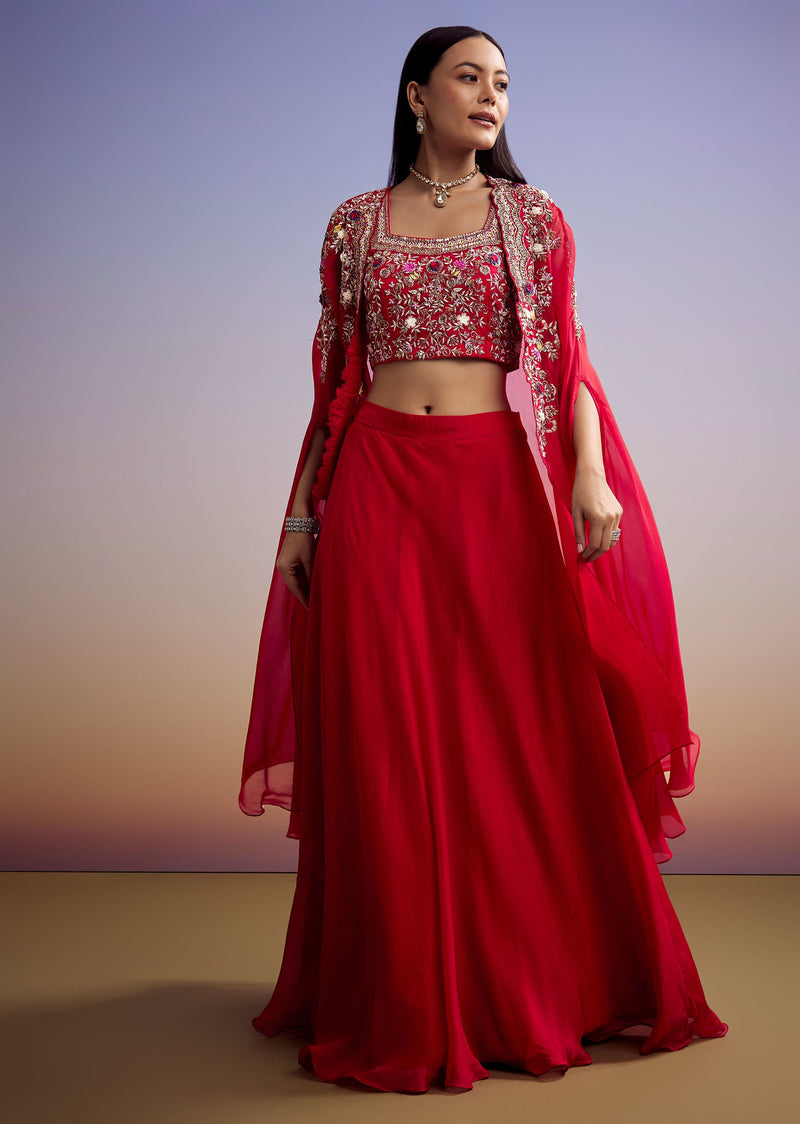 Red Organza Crop Top And Skirt Set With Embroidered Cape