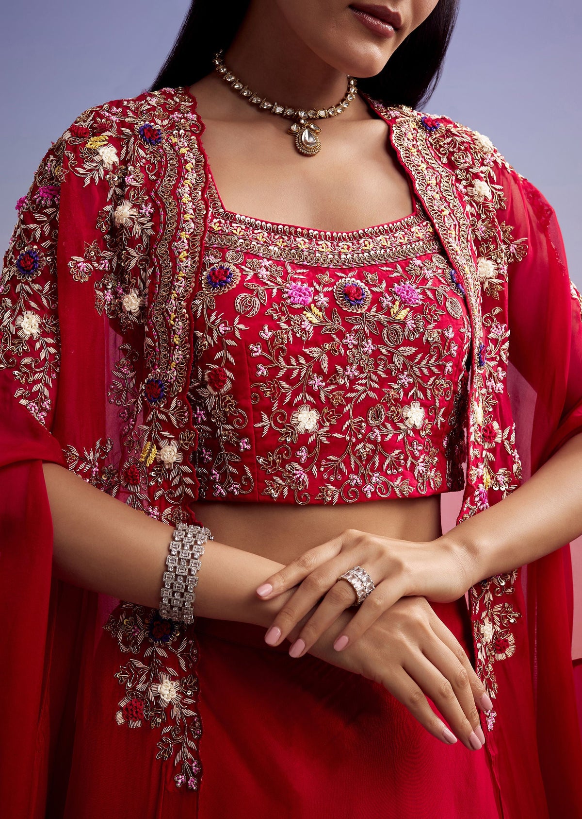 Red Organza Crop Top And Skirt Set With Embroidered Cape