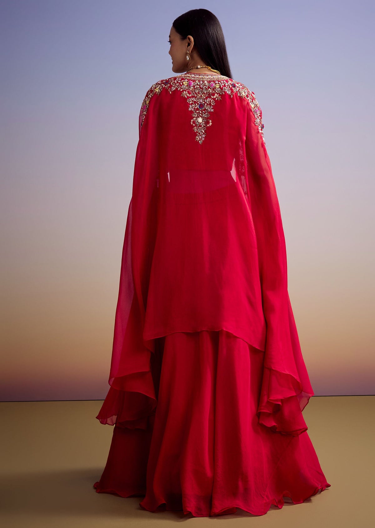 Red Organza Crop Top And Skirt Set With Embroidered Cape