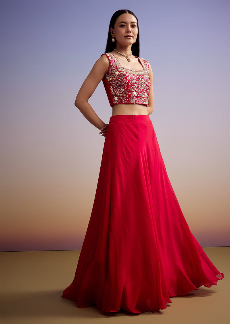 Red Organza Crop Top And Skirt Set With Embroidered Cape