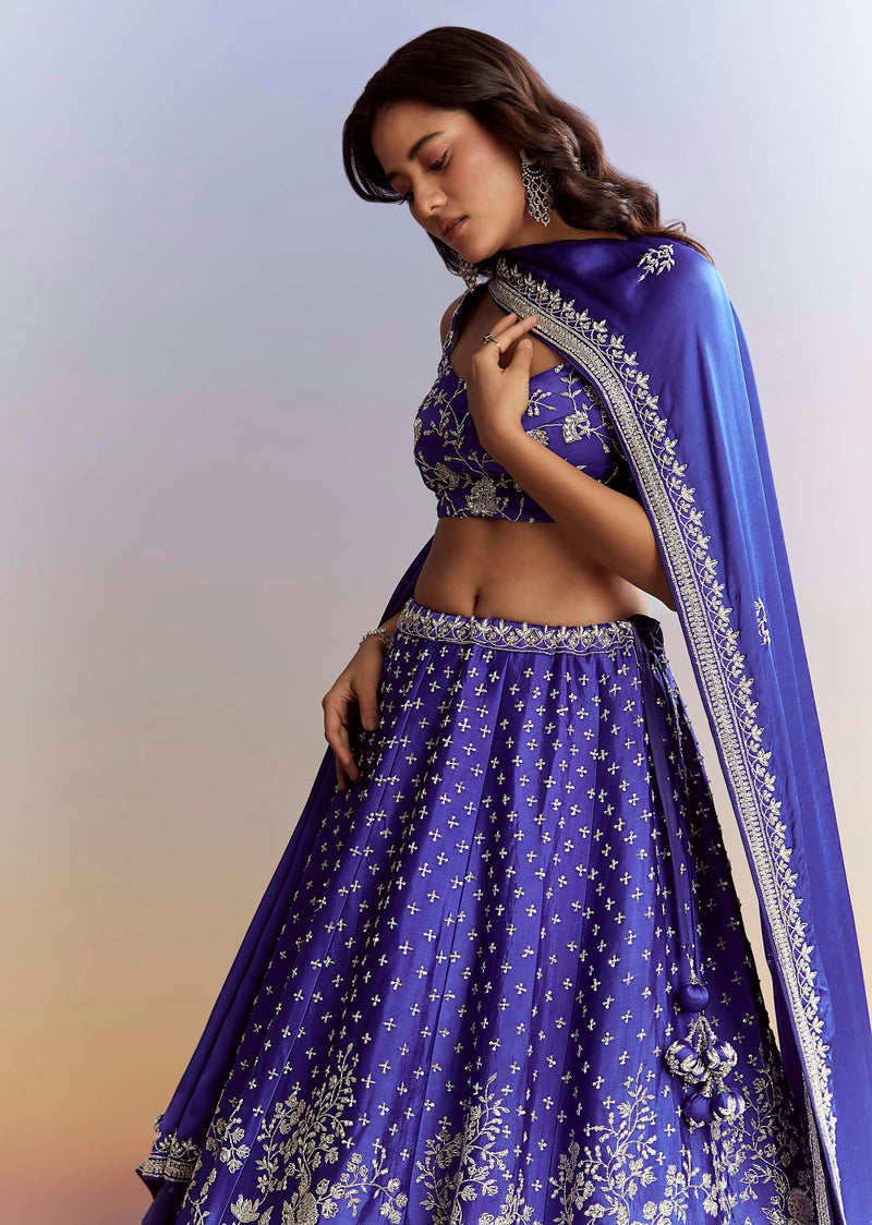 Royal Blue Satin Bridesmaid Lehenga With Heavy Embroidery