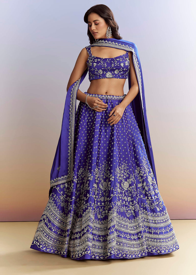 Royal Blue Satin Bridesmaid Lehenga With Heavy Embroidery