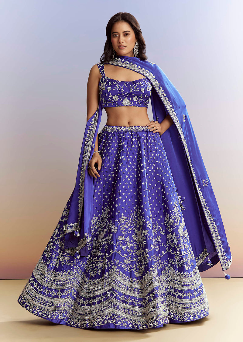 Royal Blue Satin Bridesmaid Lehenga With Heavy Embroidery