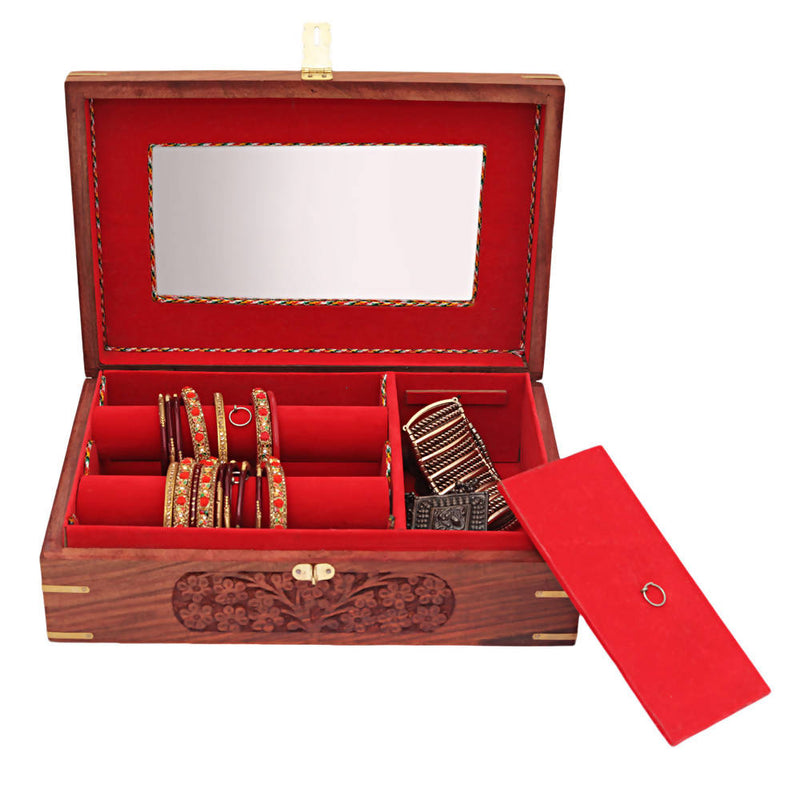 Nizalia Carved Motif Of Flora Handmade Beautiful Jewellery Box With Mirror - Limited Time Offer