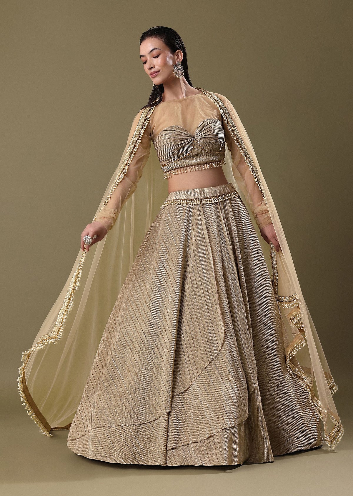 Gold Pre Pleated Lehenga With Dupatta