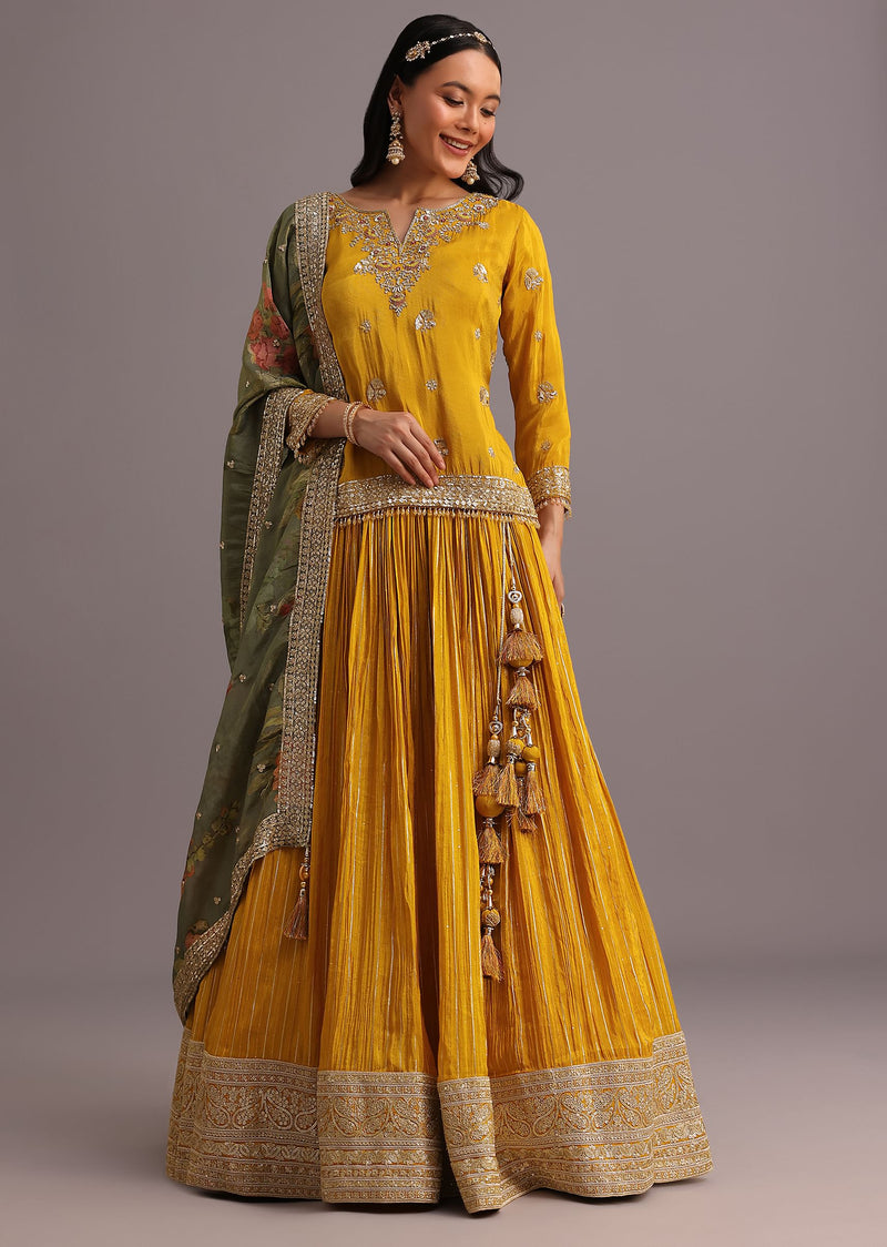Yellow Embellished Kurta Lehenga With Printed Dupatta